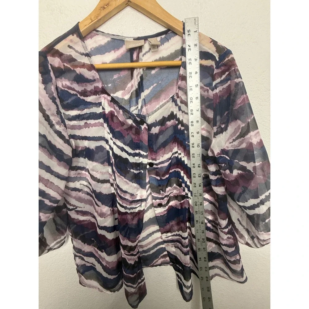 Chicos Women Size 1 Medium Abstract Stripe Sheer Mesh Button Front Blouse Purple